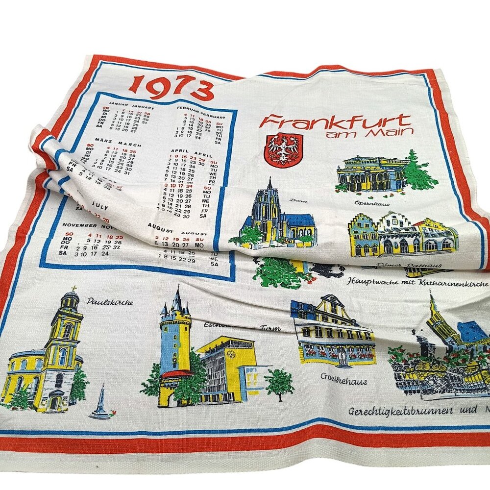 1973 Frankfurt Am Main Calendar Tea Towel With German Landmarks & Red Border